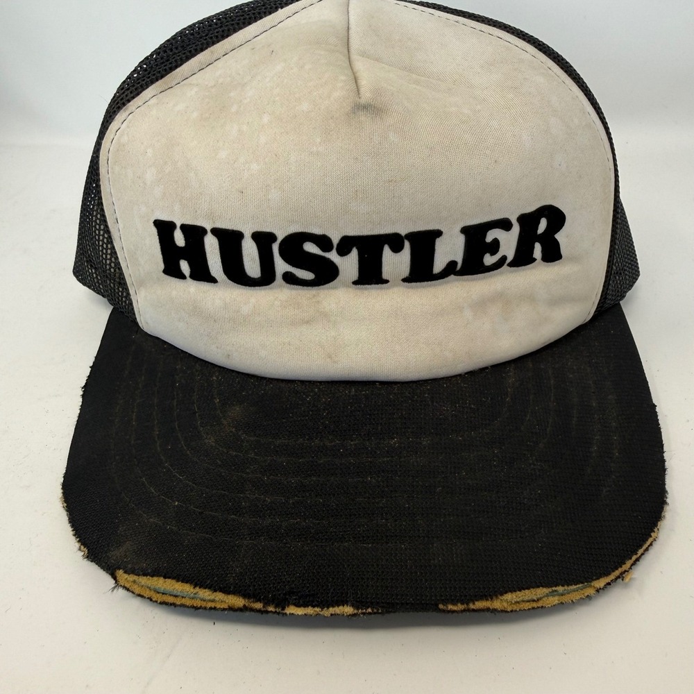 Vintage Thrashed Hustler Yupoong Trucker Hat Black Mesh Snapback Distressed